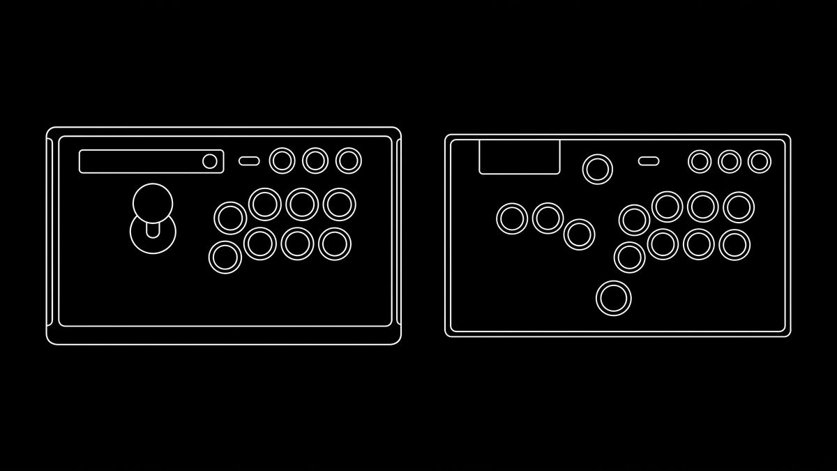 Weiße Linienzeichnung eines klassischen Arcade Sticks und eines Leverless Controllers auf schwarzem Hintergrund.